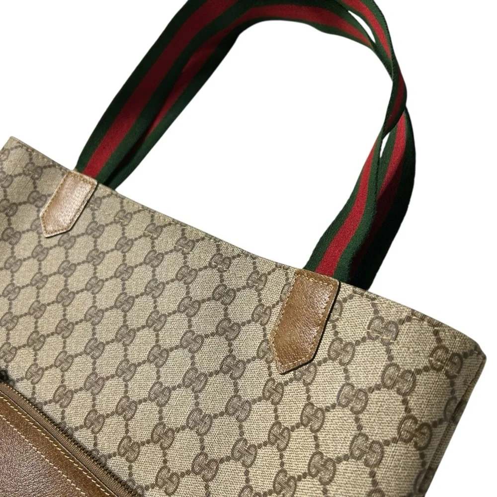 GUCCI Vintage GG Supreme Web Tote Bag Monogram Canvas Brown Leather Italy - Picture 3 of 16